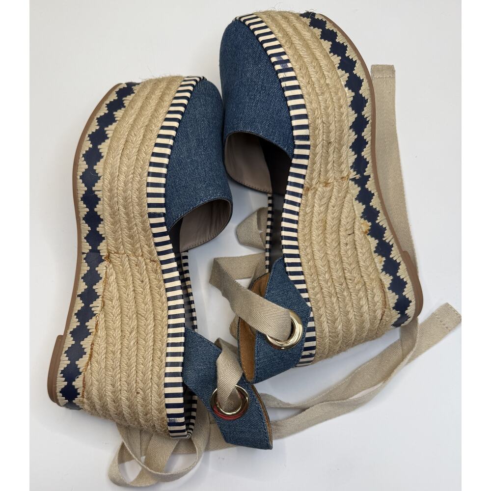 TORY BURCH DANDY Espadrille Platform SZ 6.5M Blue Jean Ankle Wrap Sandals - Picture 7 of 13